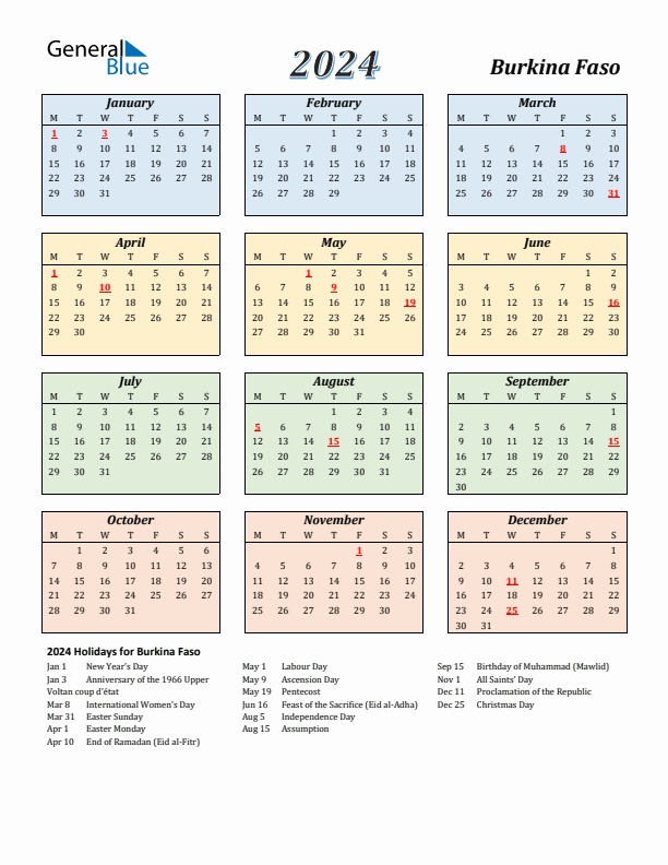 Burkina Faso Calendar 2024 with Monday Start