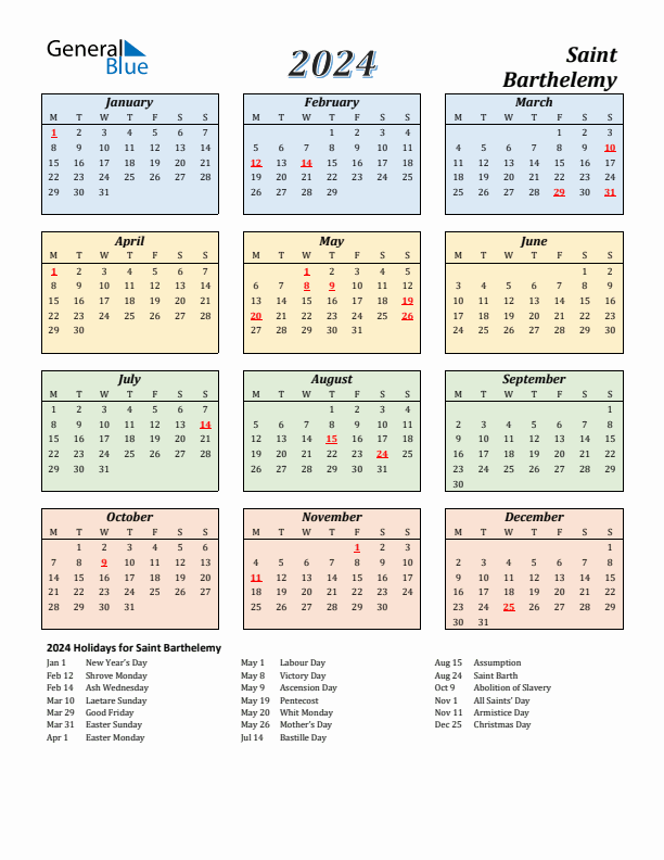 Saint Barthelemy Calendar 2024 with Monday Start