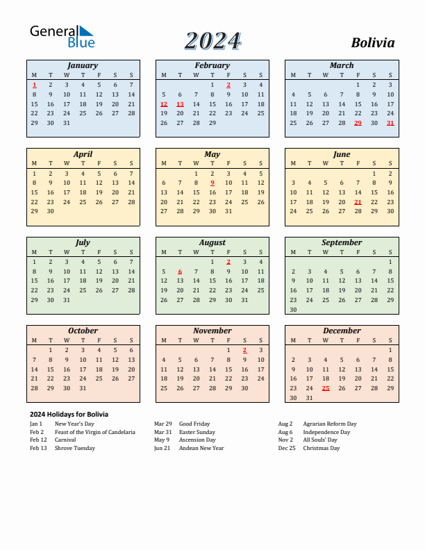 Bolivia Calendar 2024 with Monday Start