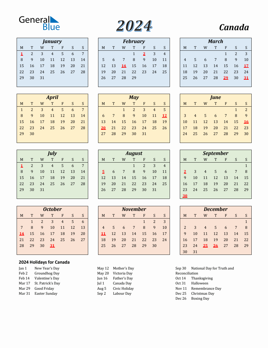2024 Canada Calendar with Monday Start