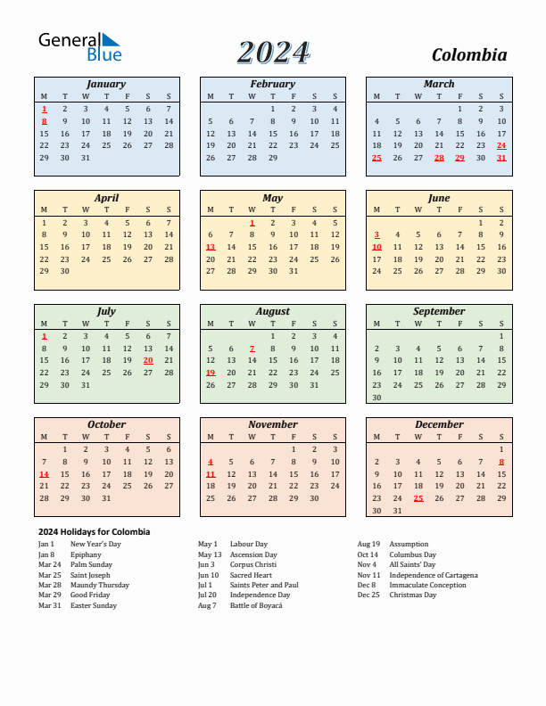 Colombia Calendar 2024 with Monday Start
