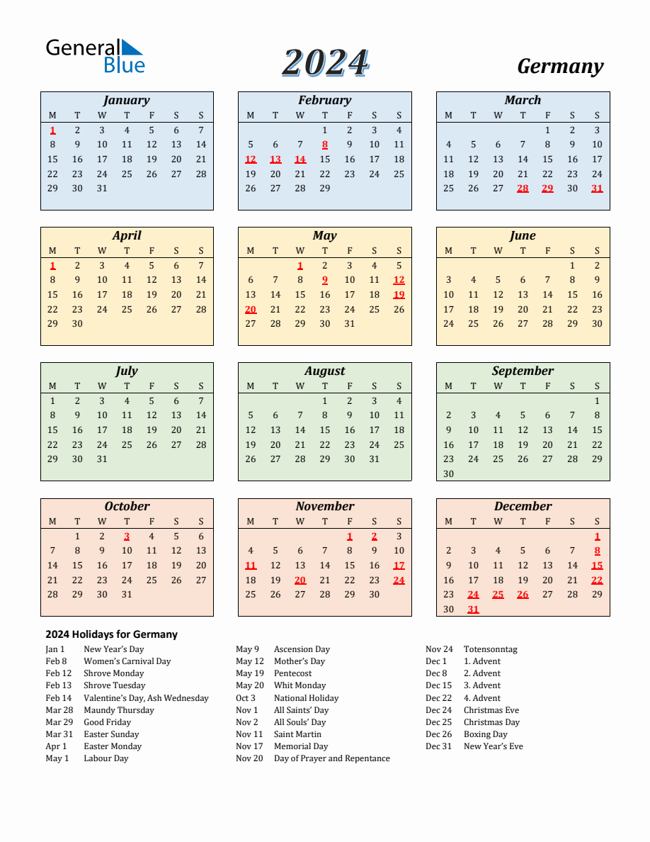 2024 Germany Calendar with Monday Start