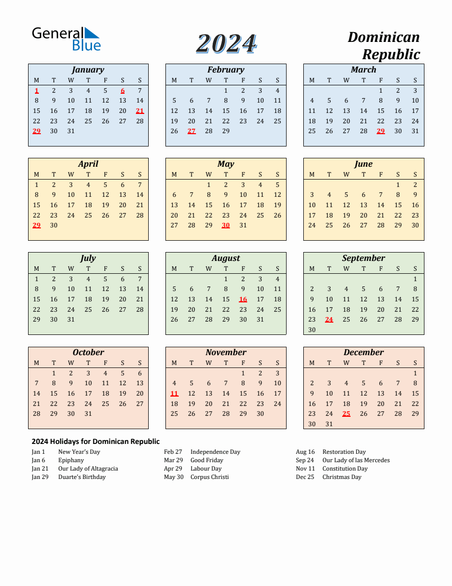 2024 Dominican Republic Calendar with Monday Start