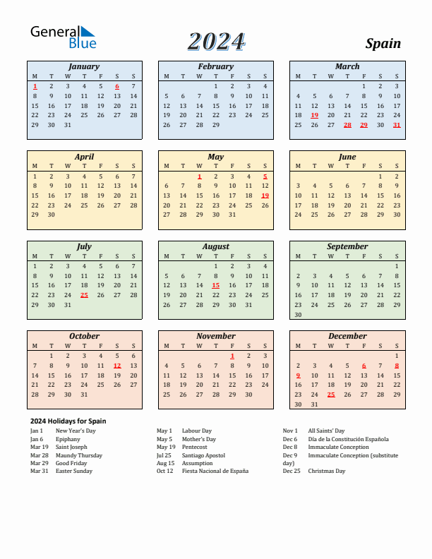 Spain Calendar 2024 with Monday Start
