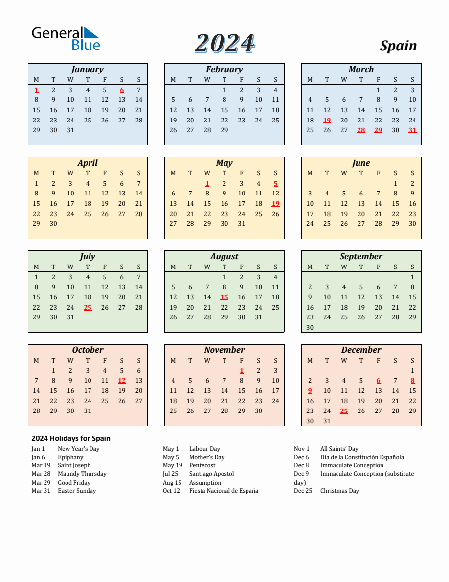 2024 Spain Calendar with Monday Start