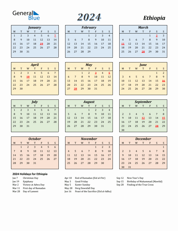 Ethiopia Calendar 2024 with Monday Start