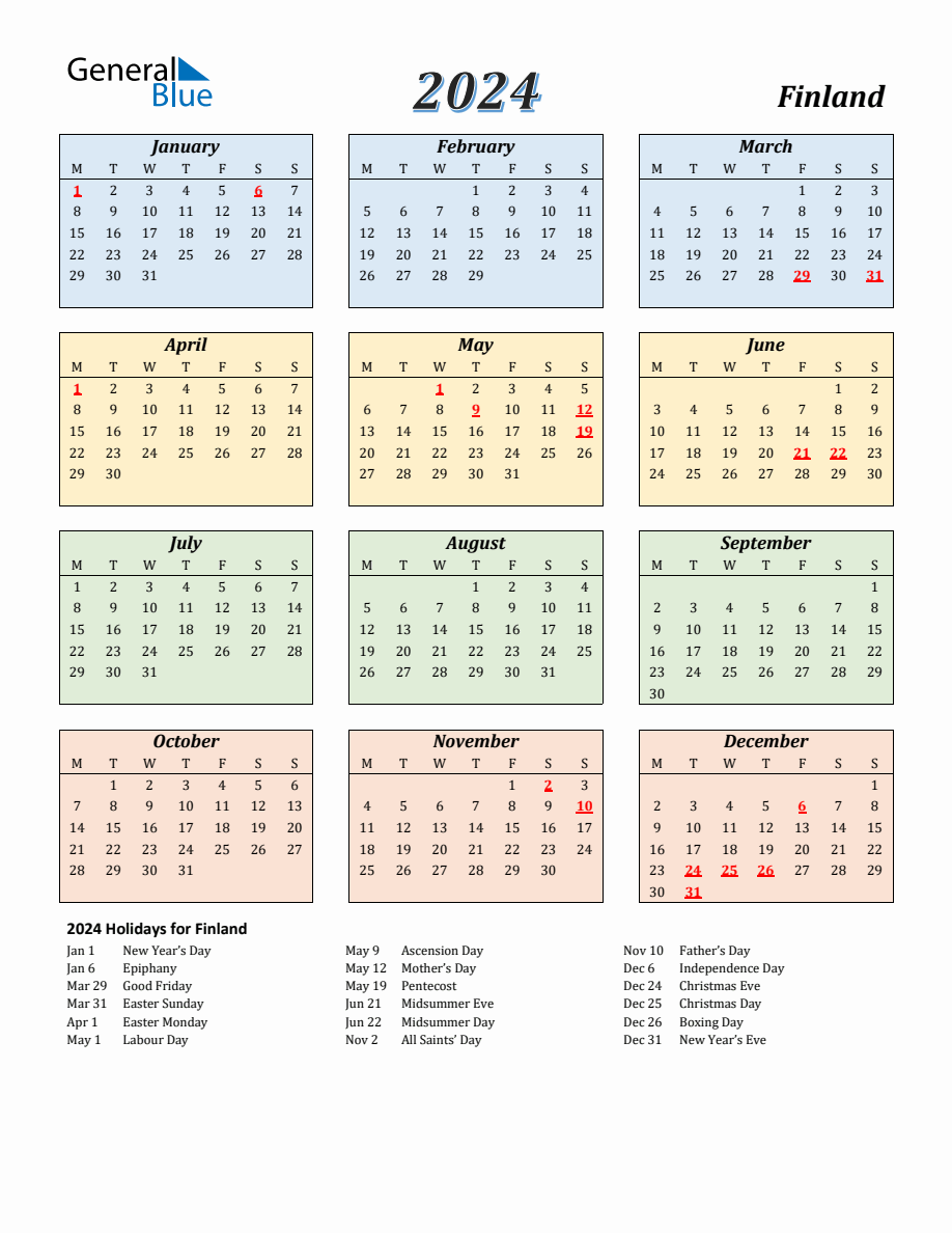 2024 Finland Calendar with Monday Start