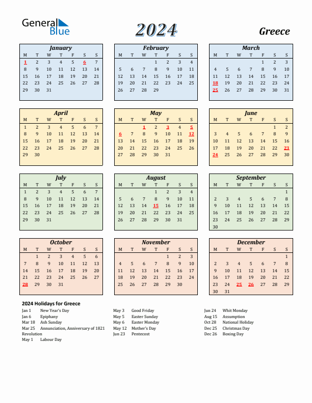 Greece Calendar 2024 with Monday Start