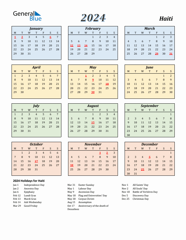 Haiti Calendar 2024 with Monday Start