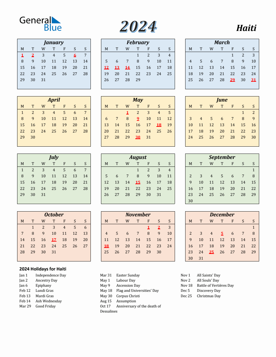 2024 Haiti Calendar with Monday Start