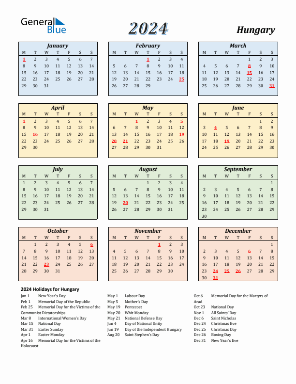 Hungary Calendar 2024 with Monday Start