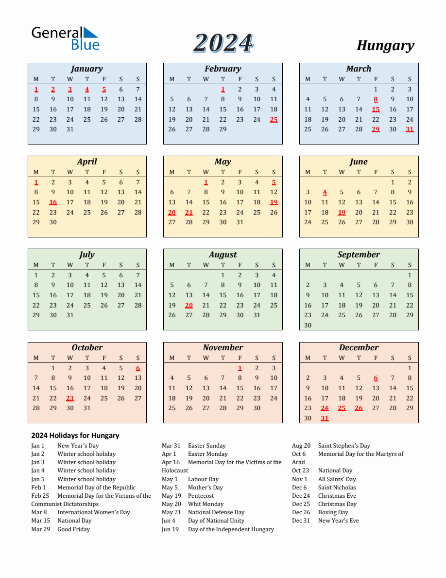 2024 Hungary Calendar with Monday Start
