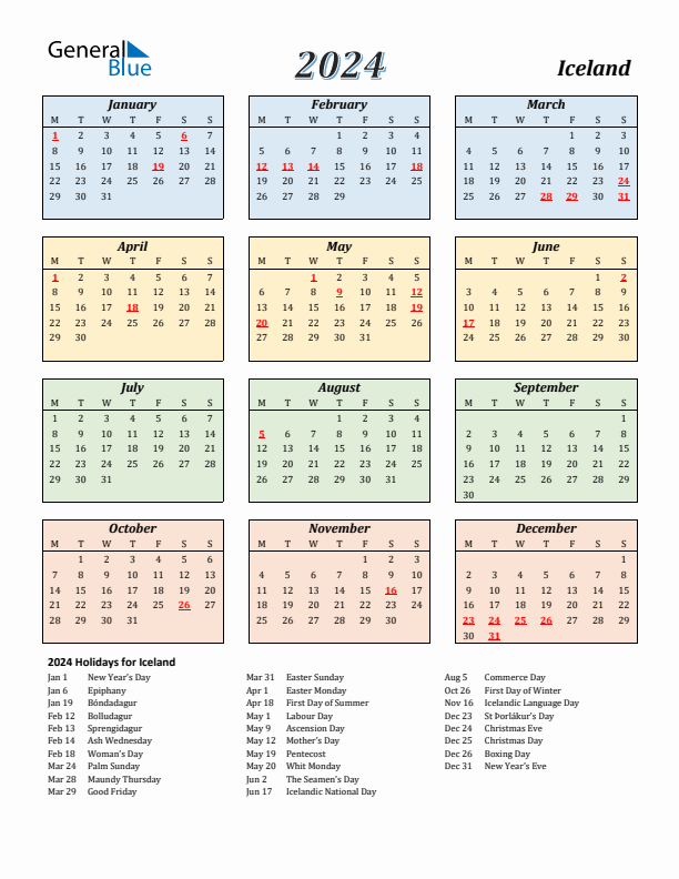 Iceland Calendar 2024 with Monday Start