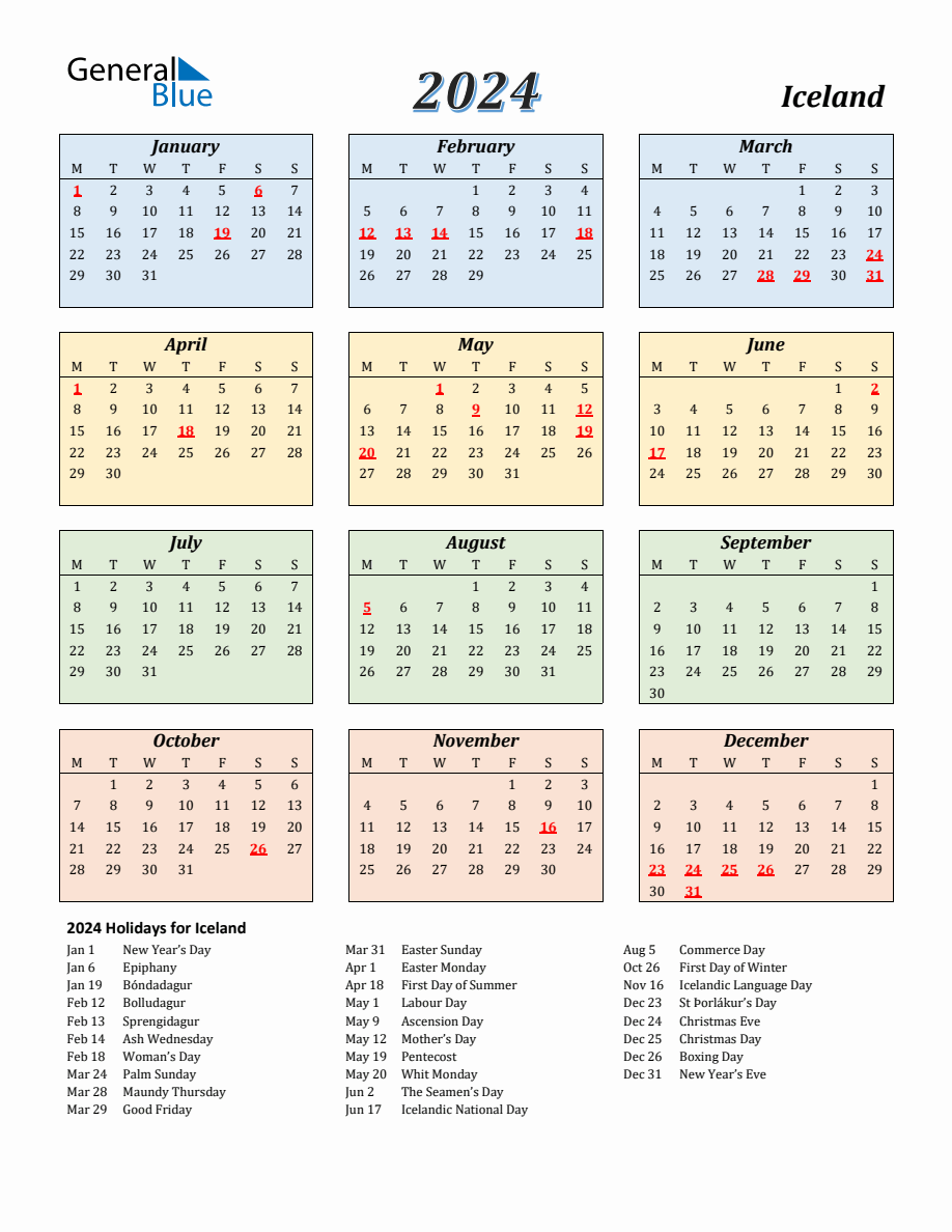 2024 Iceland Calendar with Monday Start