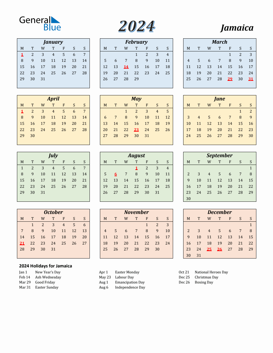 2024 Jamaica Calendar with Monday Start