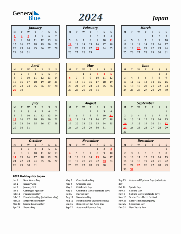 Japan Calendar 2024 with Monday Start