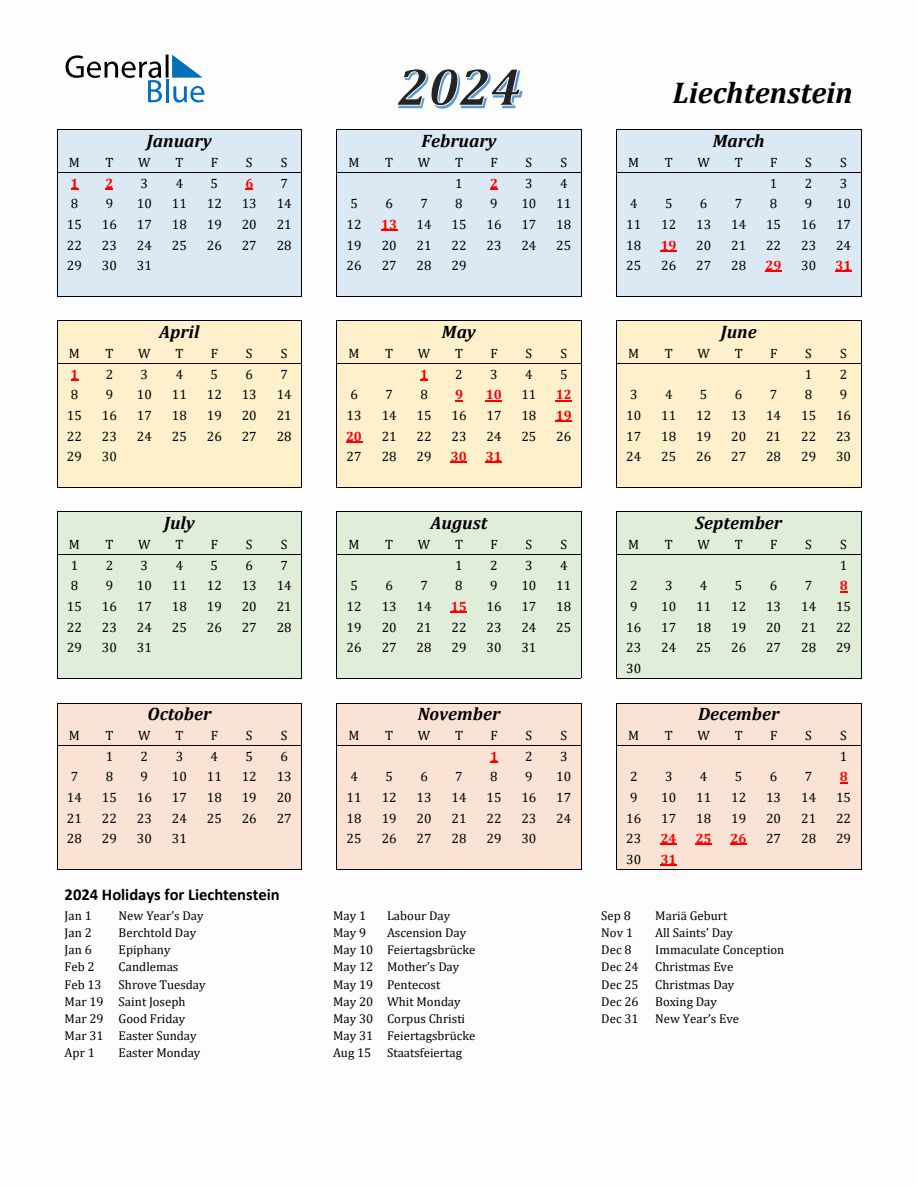 2024 Liechtenstein Calendar with Monday Start