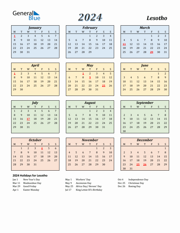 Lesotho Calendar 2024 with Monday Start