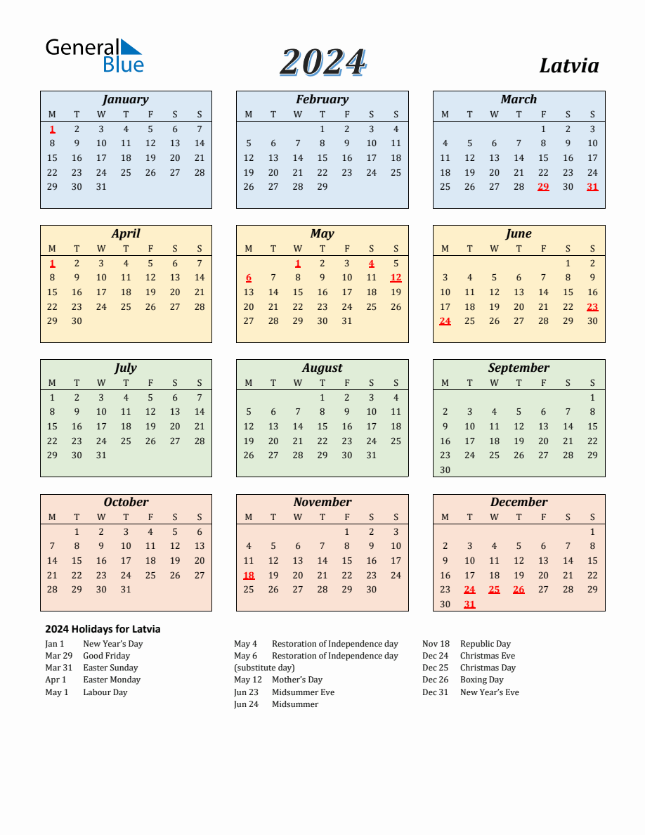 2024 Latvia Calendar with Monday Start