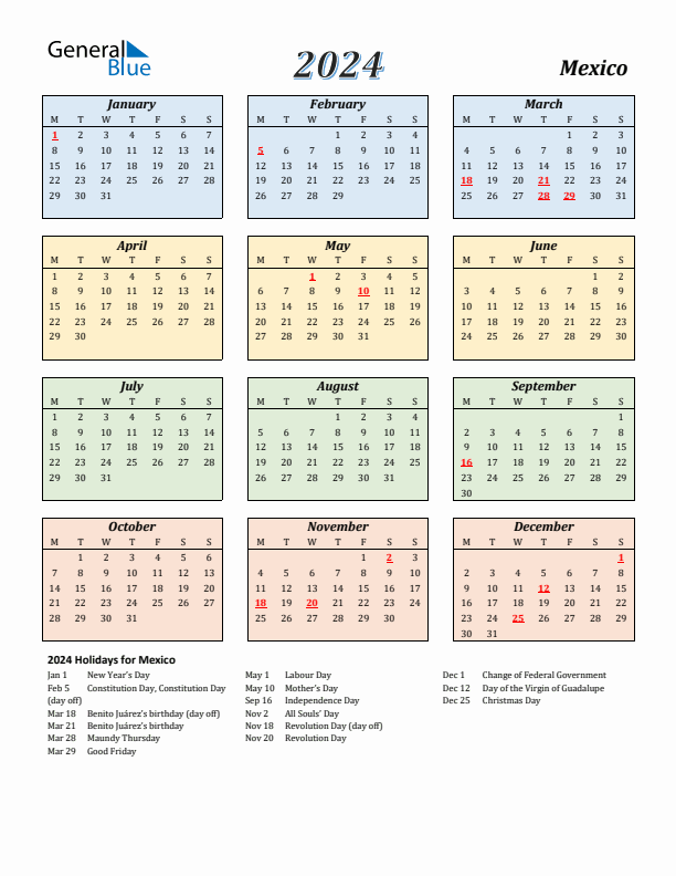 Mexico Calendar 2024 with Monday Start