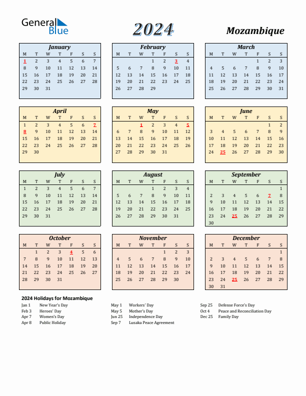 Mozambique Calendar 2024 with Monday Start
