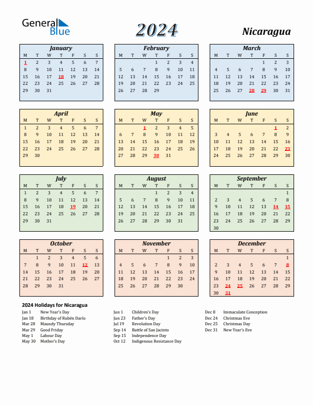 Nicaragua Calendar 2024 with Monday Start