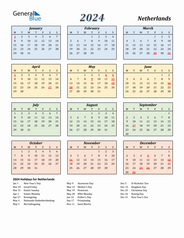 2024 Netherlands Calendar with Holidays