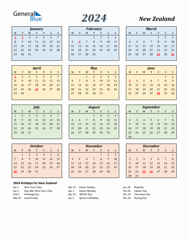 New Zealand Calendar 2024 with Monday Start