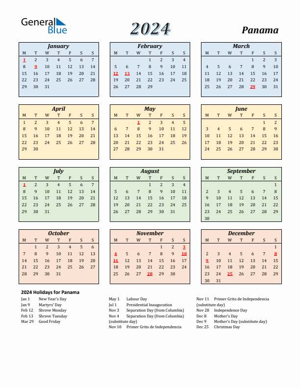 Panama Calendar 2024 with Monday Start