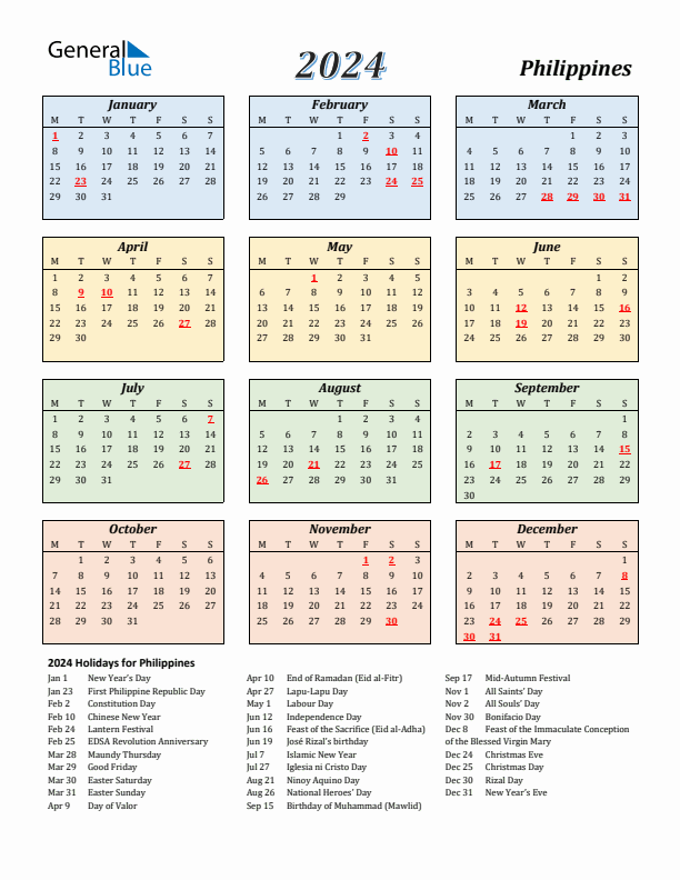 Philippines Calendar 2024 with Monday Start