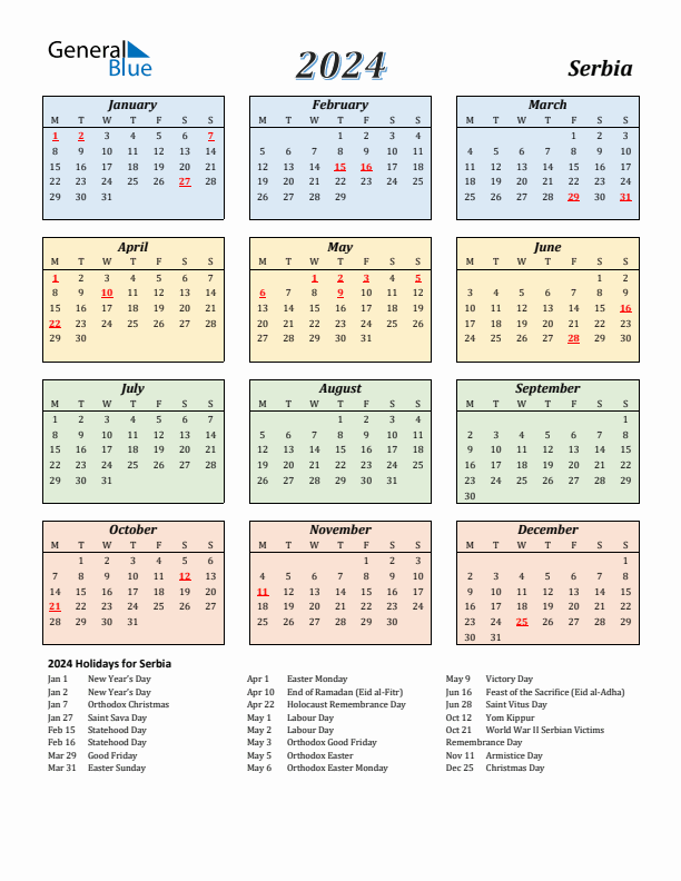 Serbia Calendar 2024 with Monday Start