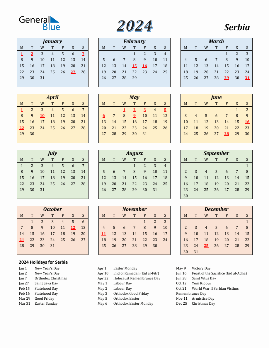 2024 Serbia Calendar with Monday Start