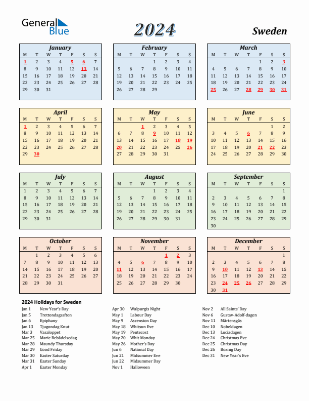Sweden Calendar 2024 with Monday Start