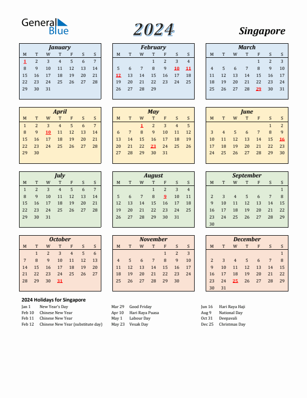 Singapore Calendar 2024 with Monday Start