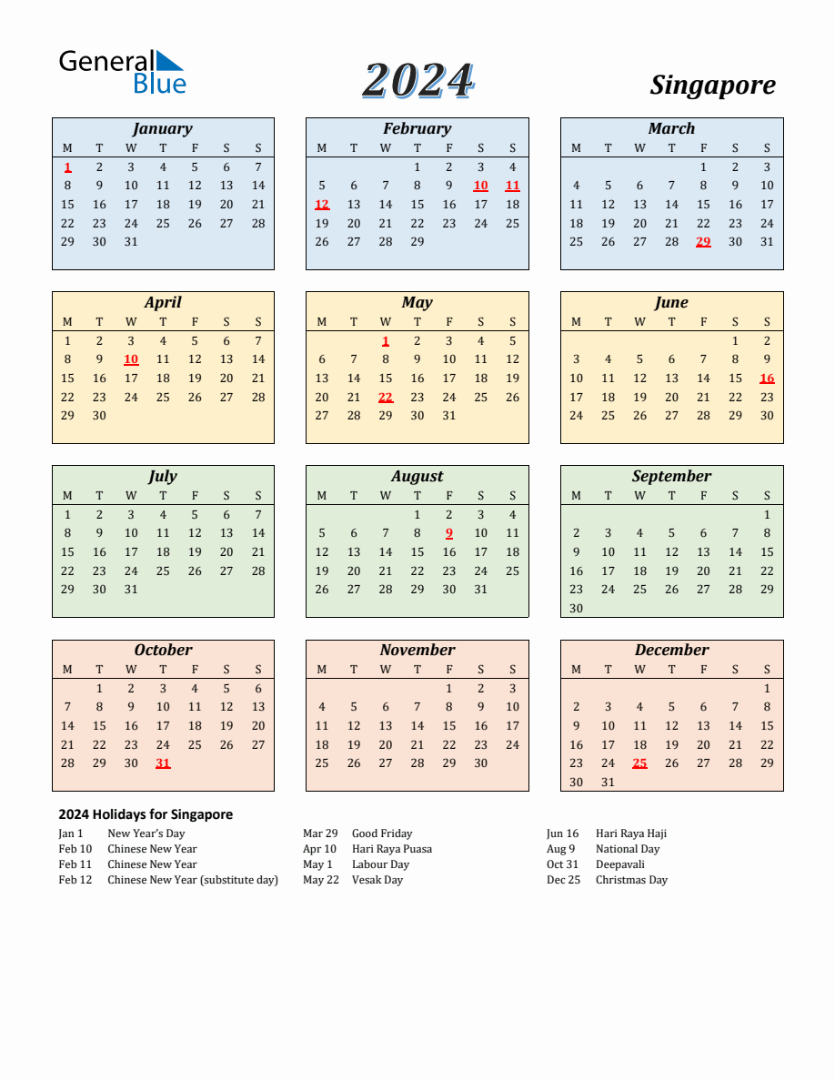 2024 Singapore Calendar with Monday Start