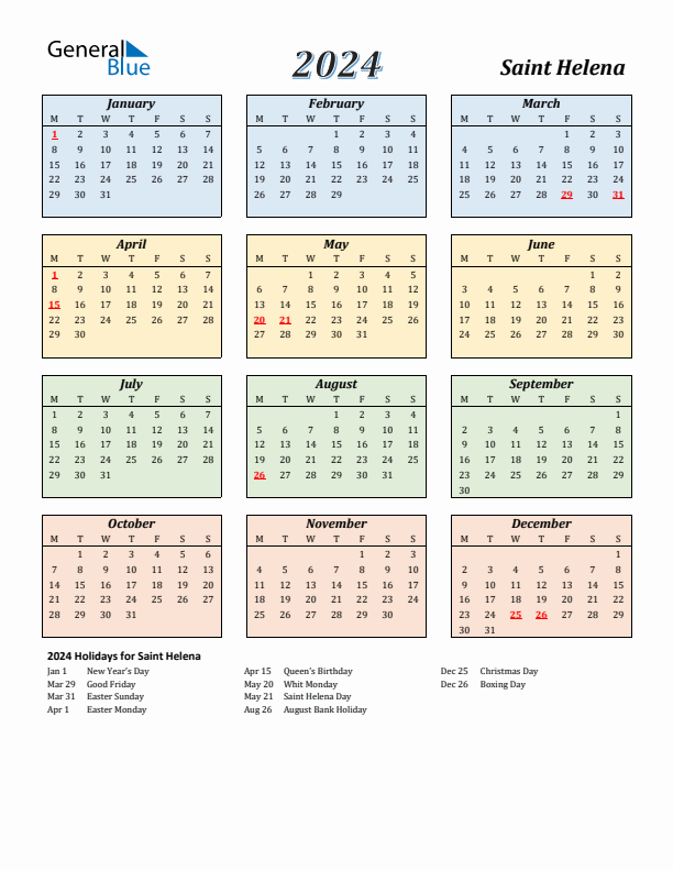 Saint Helena Calendar 2024 with Monday Start