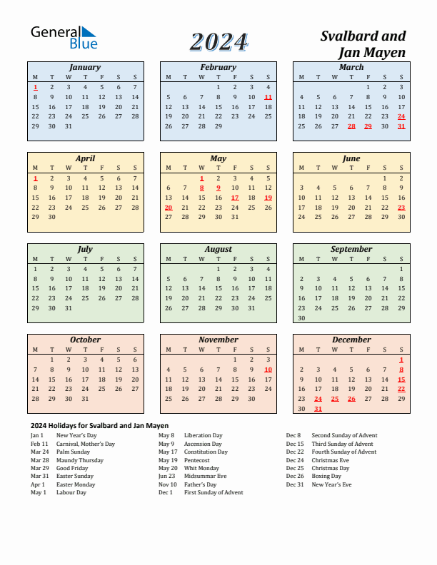 2024 Holiday Calendar for Svalbard and Jan Mayen Monday Start