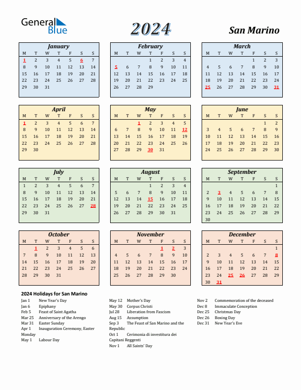 San Marino Calendar 2024 with Monday Start