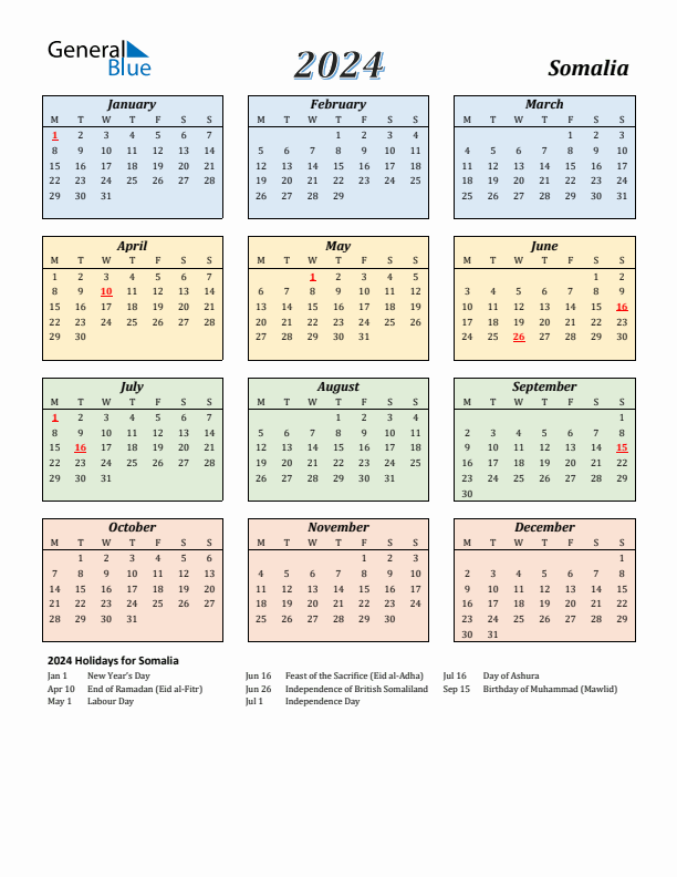 Somalia Calendar 2024 with Monday Start