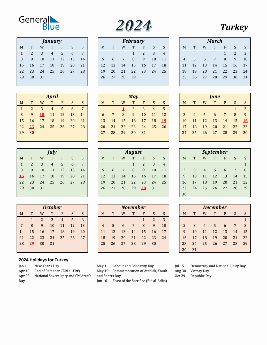 2024 Turkey Calendar with Monday Start