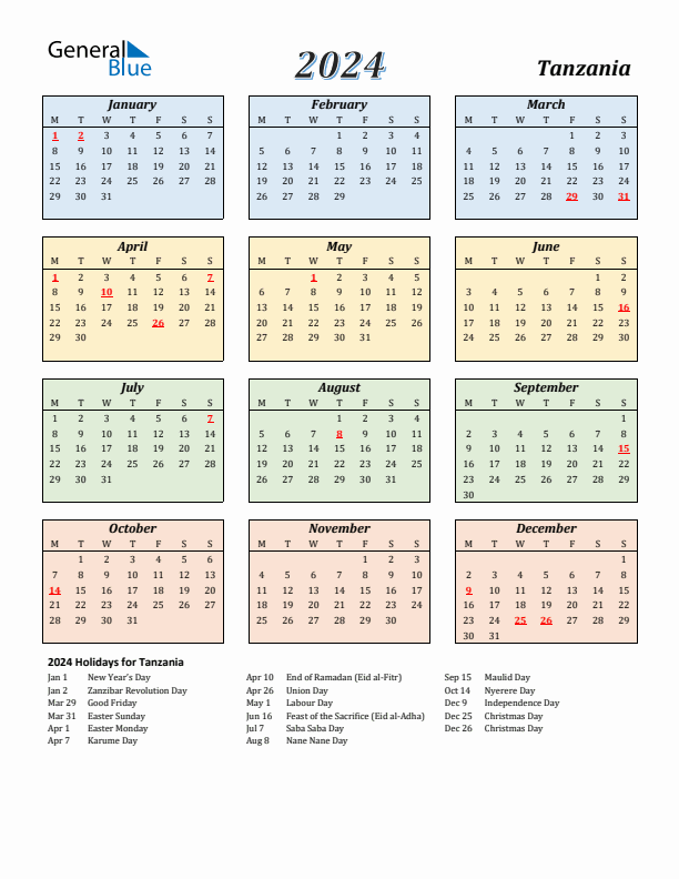 Tanzania Calendar 2024 with Monday Start