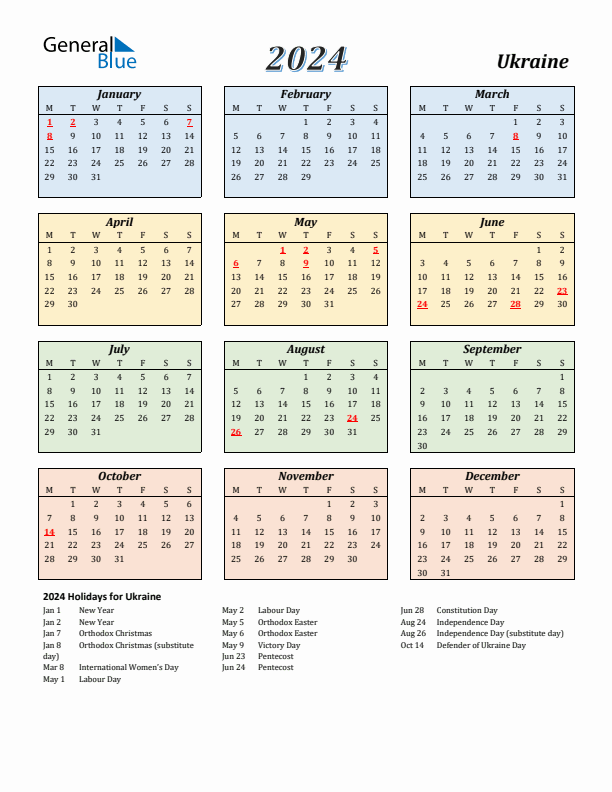 Ukraine Calendar 2024 with Monday Start