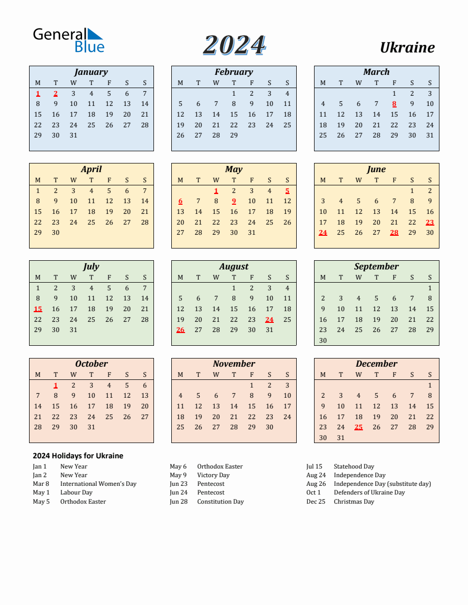 2024 Ukraine Calendar With Monday Start   2024 Calendar Streamlined Colored With Holidays Portrait Monday Start En Ua 918x1188 