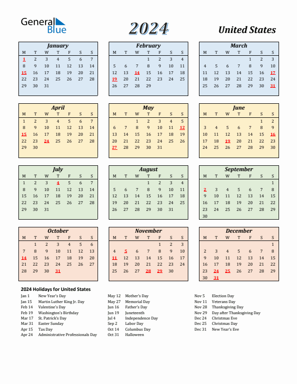 United States Calendar 2024 with Monday Start