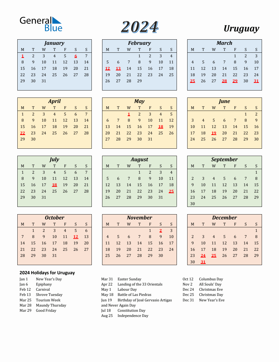 2024 Uruguay Calendar with Monday Start