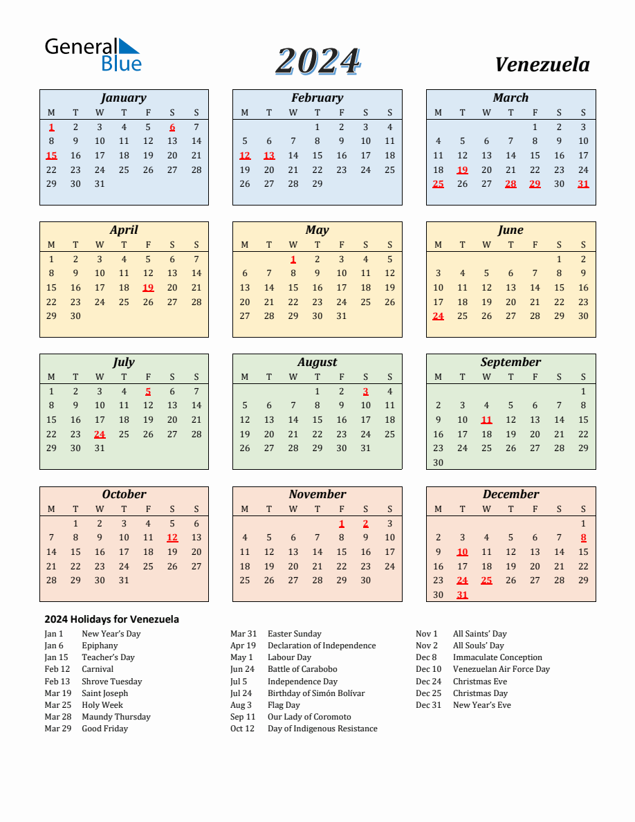 2024 Venezuela Calendar with Monday Start