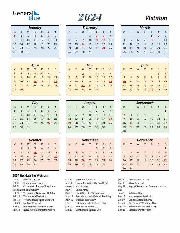 Vietnam Calendar 2024 with Monday Start