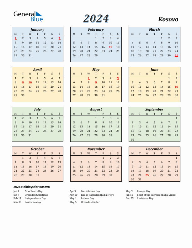 Kosovo Calendar 2024 with Monday Start