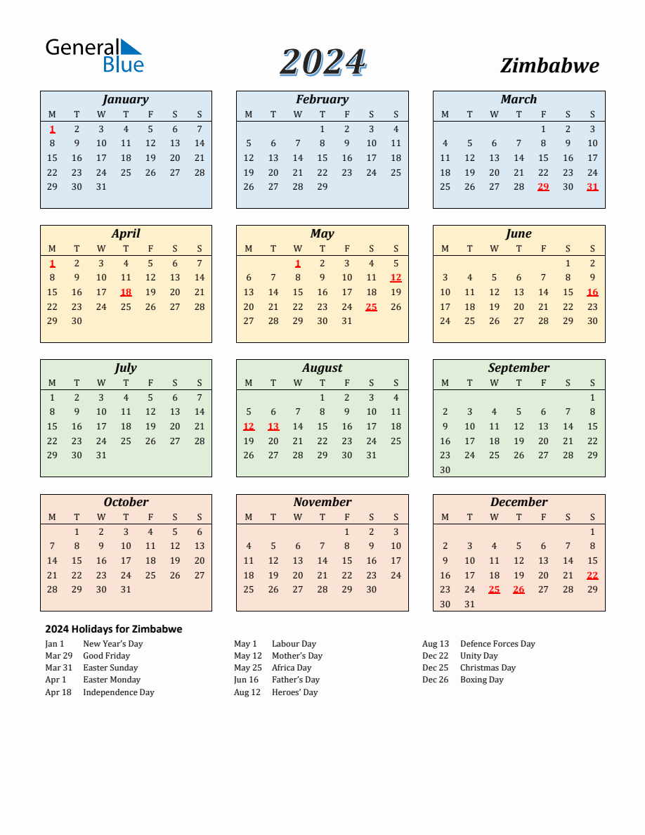 2024 Zimbabwe Calendar with Monday Start