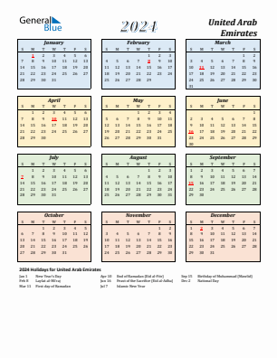 United Arab Emirates current year calendar 2024 with holidays